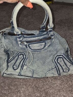 Washed Denim Satchel Handbag - Blue